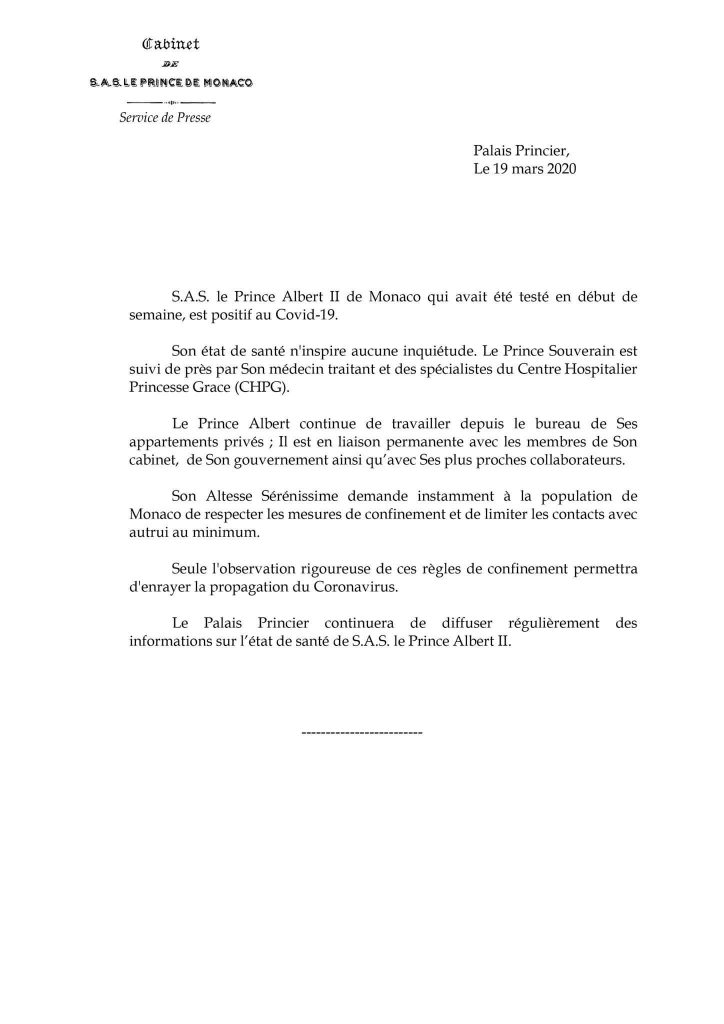 El príncipe Alberto II de Mónaco ha resultado ser un caso positivo de COVID-19.