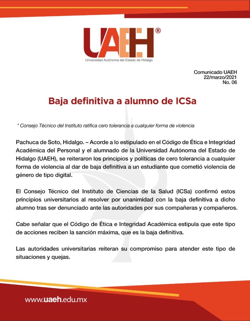 Baja a alumno que promovió violencia de género