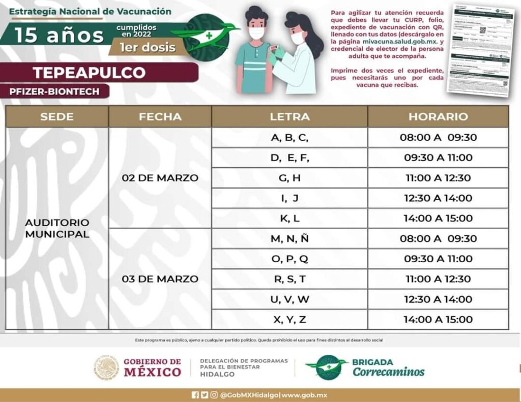 Primera dosis adolescentes que cumplen 15 años en 2022