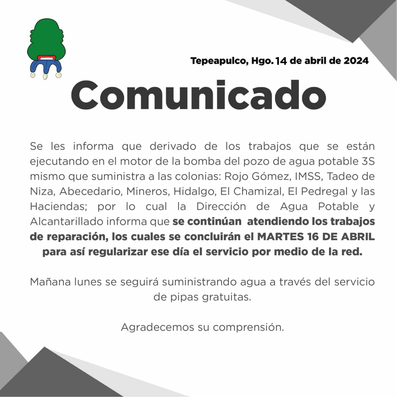 Reparan equipo de bombeo de pozo de agua