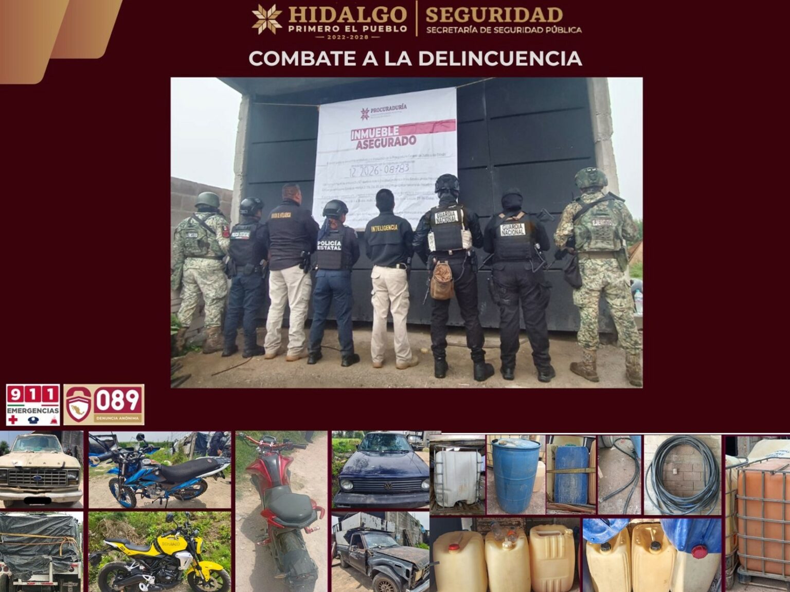 Operativo coordinado en Tlaxcoapan: SSPH asegura hidrocarburo, droga y vehículos con reporte de robo