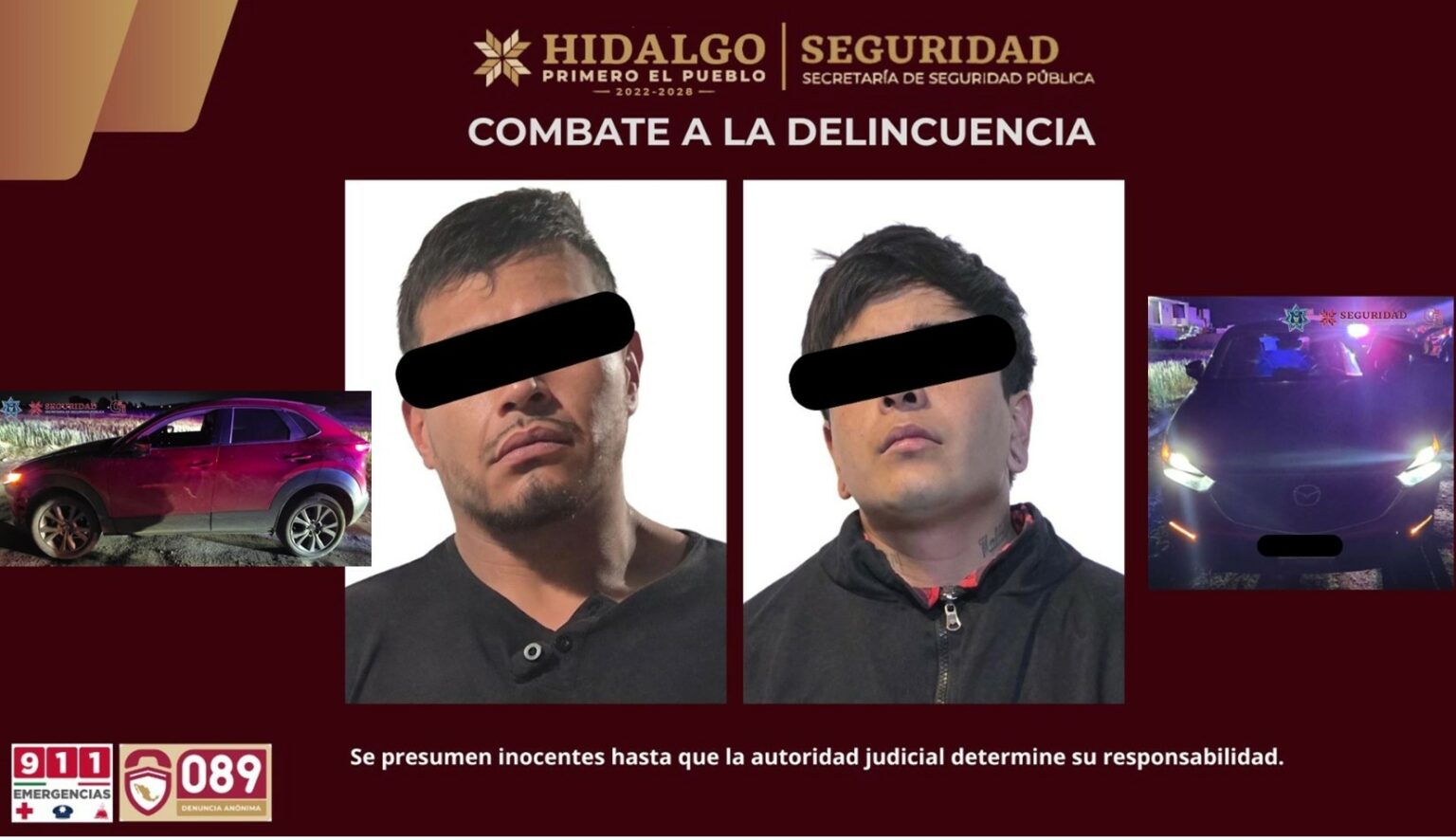 Recupera SSPH camioneta robada y asegura a dos presuntos responsables en Zempoala