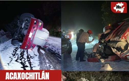 Vuelca tractocamión con feldespato en la Pachuca-Tuxpan; operador resulta lesionado